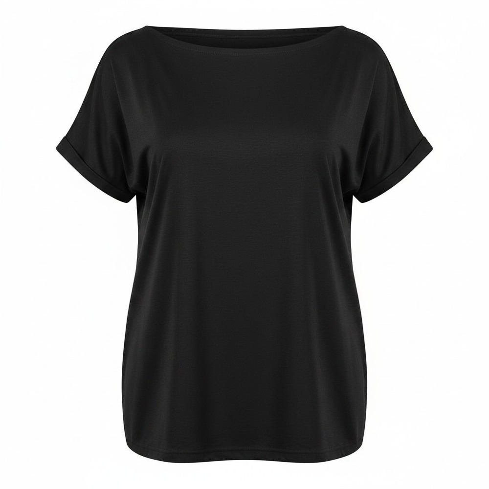 Women's Black Boat Neck Dolman Sleeve T-Shirt XL Rayon Spandex Basic Y2K BOHO‎